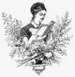woman with dictionary of cookery (illustration)