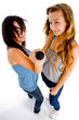 high angle view of females holding microphone