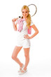 front view of smiling tennis player holding racket