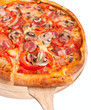 mushroom pizza with one slice held close-up