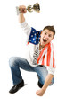 winner with American flag and golden trophy