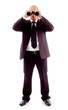 standing male looking through binocular standing male looking through binocular