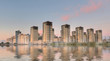 Illustration: Group of buildings near water with mist Group of buildings near water with mist