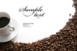 Coffee cup and grain on white background