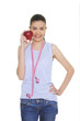 Portrait of cute young woman holding red apple