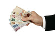 Photo: turkish lira in businessman's hand turkish lira in businessman's hand