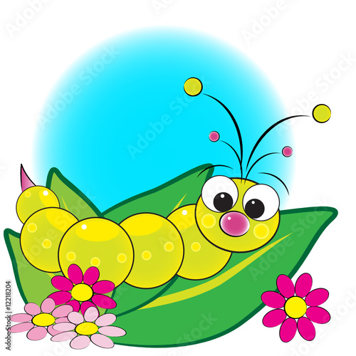 Grub on leaves with flowers - Kids illustration Grub on leaves with flowers - Kids illustration