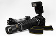 Camera with bellows and flashbulb