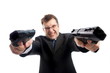 Stressed criminal businessman with aimed guns on white Stressed criminal businessman with aimed guns on white