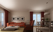 living room in modern stle in red tones