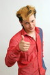 Sured guy showing his big finger over white background