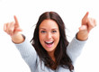 Portrait of excited young female pointing with both hands toward Portrait of excited young female pointing with both hands toward