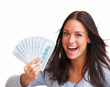 Portrait of excited young female holding money in the hand on wh