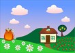 Landscape with a small cottage, home cat, strawberry glade.