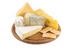 An assortment of cheeses on a cheese-board isolated on white An assortment of cheeses on a cheese-board isolated on white