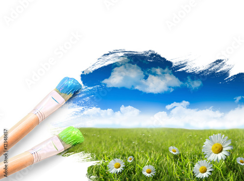 Photo: Wild daisies in the grass with a blue sky Wild daisies in the grass with a blue sky