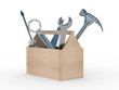 Wooden box with tools. Isolated 3D image Wooden box with tools. Isolated 3D image