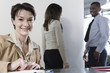 Business woman smiling with business colleagues