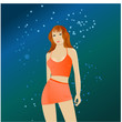 Dancing girl with red curl hair on blue background