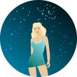 Dancing blond girl in blue dress on dark background