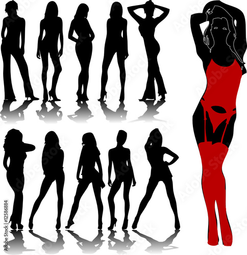 Vector: Set of vector girls in red lingerie Set of vector girls in red lingerie