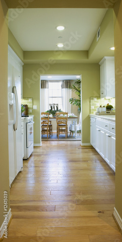 Photo: View through Light Green Kitchen with White Cabinets View through Light Green Kitchen with White Cabinets