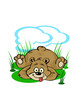 Funny little bear laying on the lawn