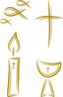 Vierteiliges Set: Religion (Kreuz, Kerze, Fisch, Kelch)