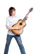 young male with guitar with white background