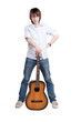 young male with guitar with white background