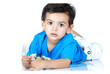 boy lying over white background