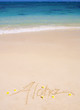 the word "aloha" is written on a sandy beach the word "aloha" is written on a sandy beach