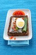 belegtes brot mit hering, ei, zwiebel und tomate
