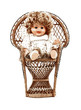 A small angelic doll seated in the wicker chair.