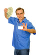 Casual handsome guy with fan of dollars and a business card. Iso