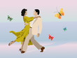 happy couple dancing in the air with butterflies