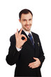 Young businessman indicating ok sign with focus on sign Young businessman indicating ok sign with focus on sign