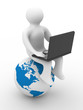 student with the laptop sitting on globe. 3D image.