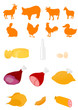 Set of farm animals and food industry products