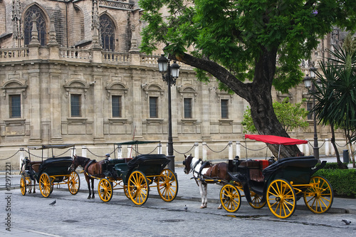 Photo: Horses and carts outside of Seville cathedral, Seville, Spain Horses and carts outside of Seville cathedral, Seville, Spain