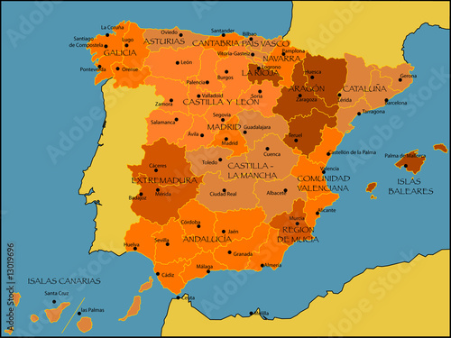 detailed vector map of spain with all departaments and capitols detailed vector map of spain with all departaments and capitols