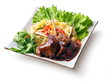 Fried meat ribs in sauce with rice salad and parsley Fried meat ribs in sauce with rice salad and parsley