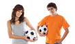 Couple of teenagers with soccer balls a over white background .C