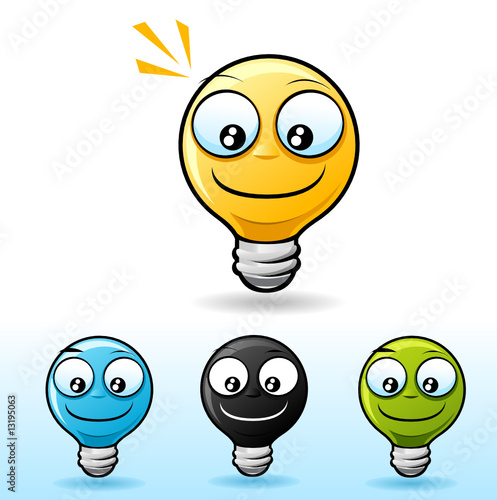 funny smiley face cartoon. Lightbulb smiley face icon.