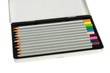colored pencils in silver metal box