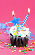 Birthday party chocolate cupcake with candle and star lit.  Copy