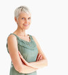 Photo: Happy elderly woman with hands folded on white Happy elderly woman with hands folded on white