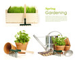 Spring gardening - Watering can, grass and garden tools