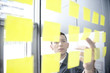 geschäftsmann arbeitet hinter scheibe mit post it