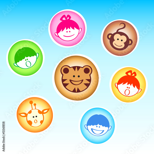 Rounded badges with happy kids